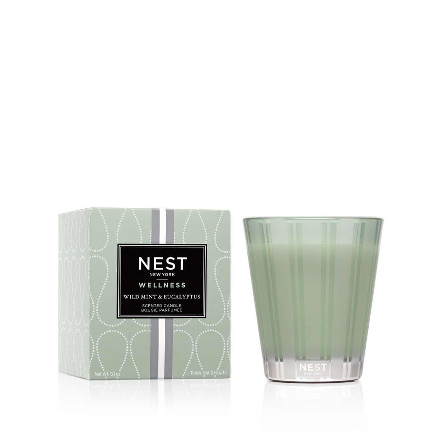 NEST New York Wild Mint & Eucalyptus  Classic Candle with sage green box and vessel.