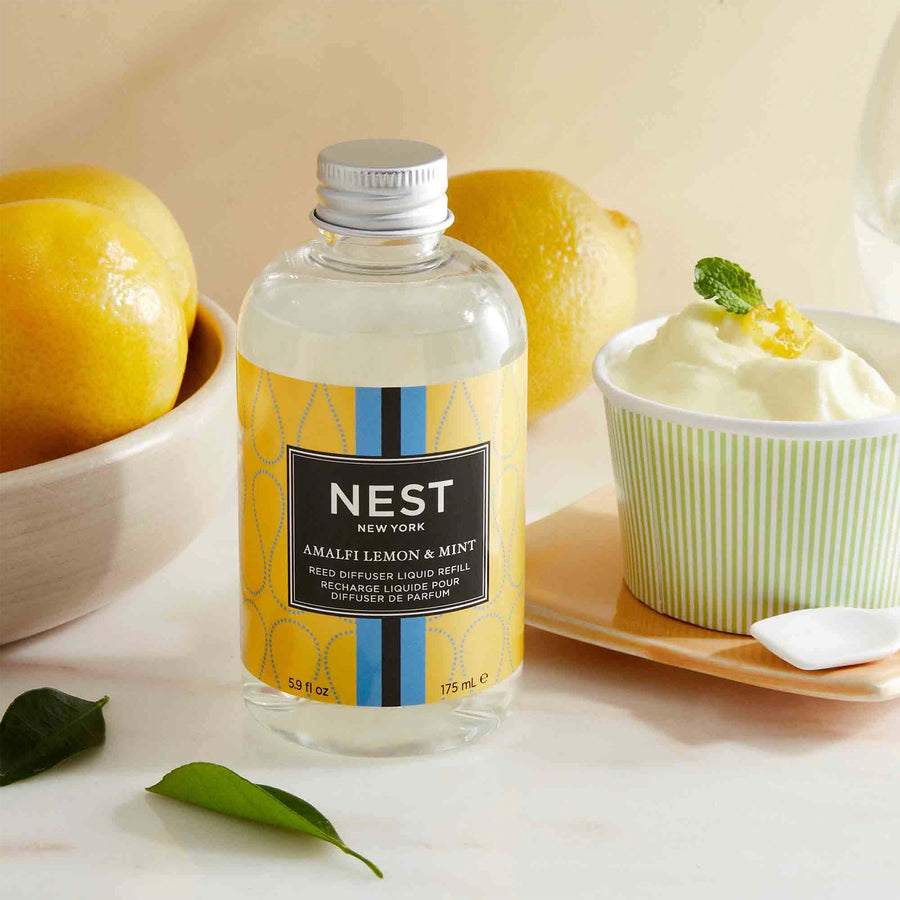 Amalfi Lemon & Mint Reed Diffuser Liquid Refill by NEST New York with lemons, ice cream, and mint
