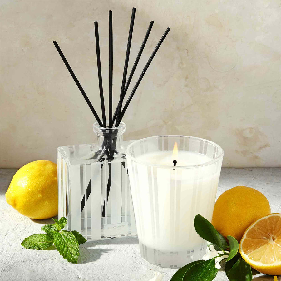 Amalfi Lemon & Mint Classic Candle and Reed Diffuser by NEST New York with lemons and mint