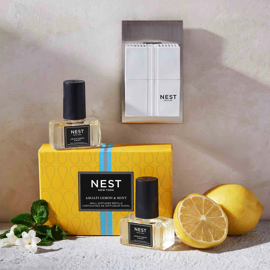 Amalfi Lemon & Mint Refills for Wall Diffuser by NEST New York with lemons, mint, and wall diffuser