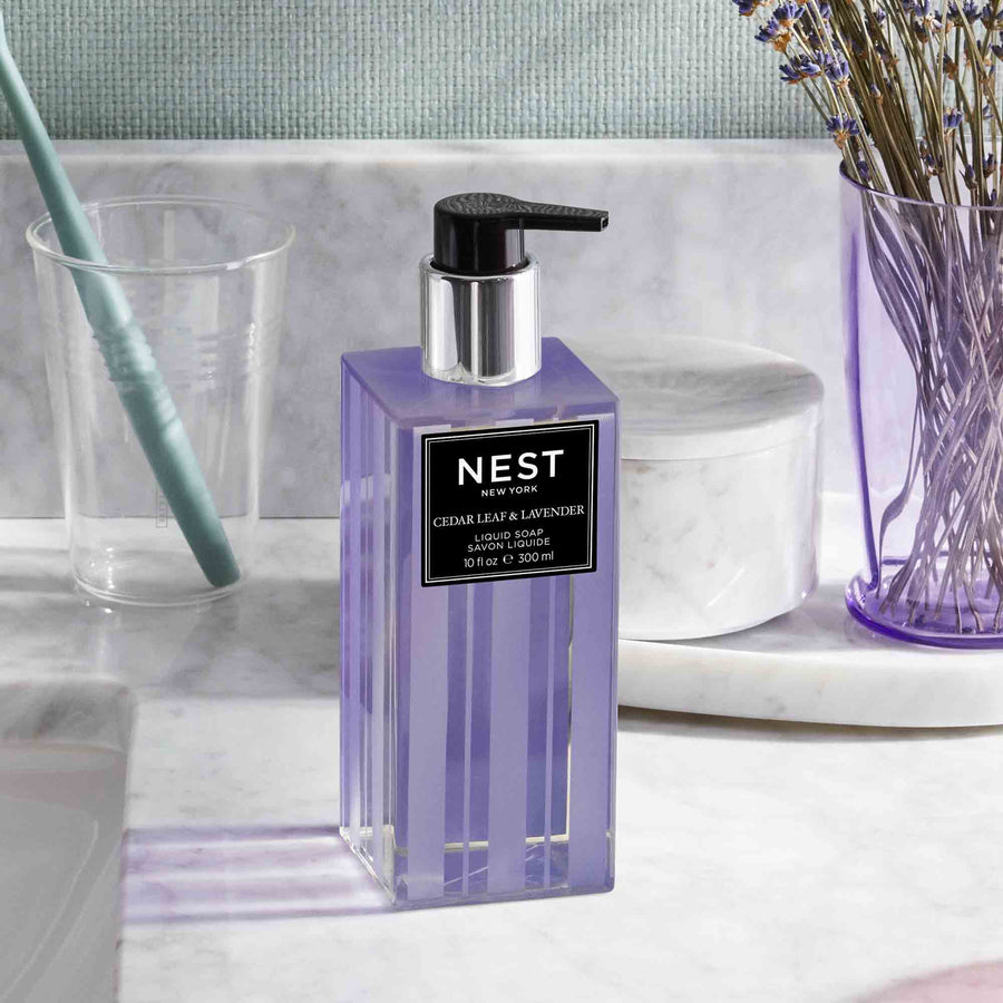Cedar Leaf & Lavender Liquid Soap by NEST New York with lavender and cup