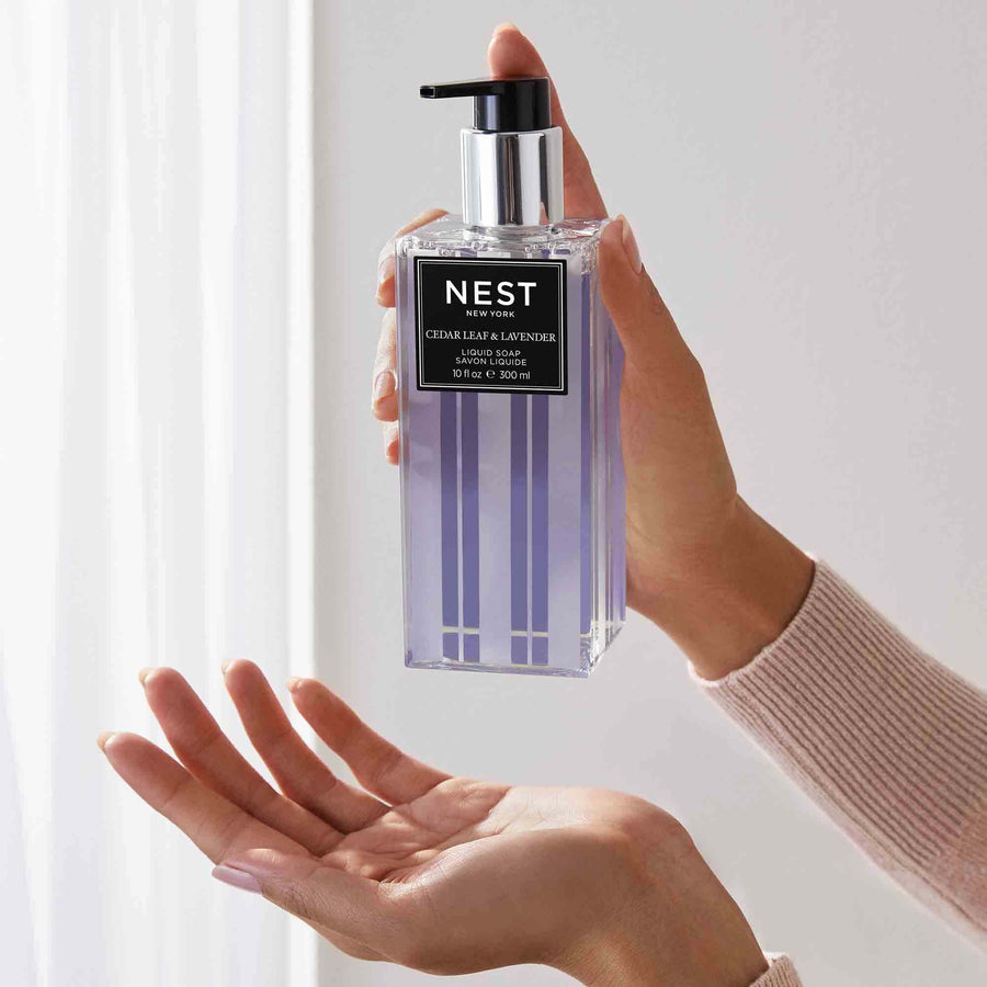Cedar Leaf & Lavender Liquid Soap by NEST New York with hand model
