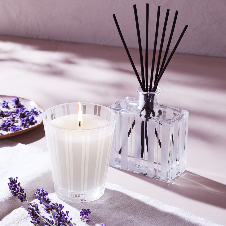 Cedar Leaf & Lavender Classic Candle and Reed Diffuser by NEST New York with lavender