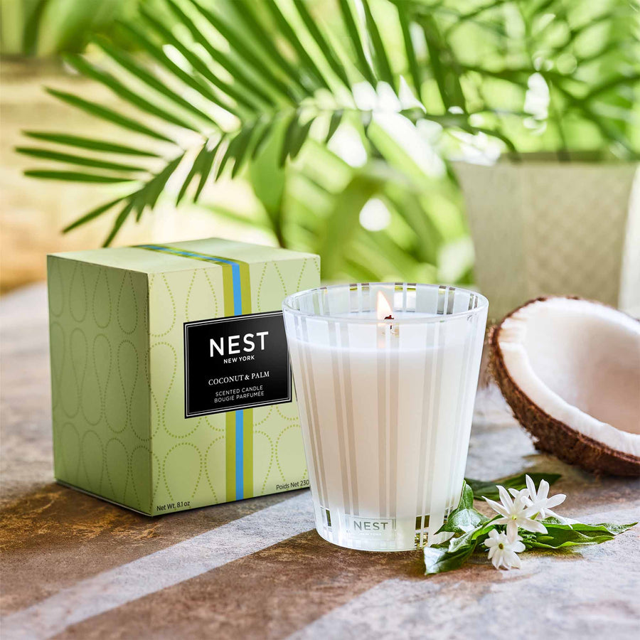 Coconut & Palm Classic Candle by NEST New York with coconut and palm leaves