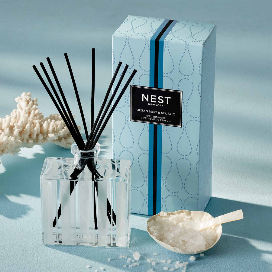 Ocean Mist & Sea Salt Reed Diffuser by NEST New York with salt and coral
