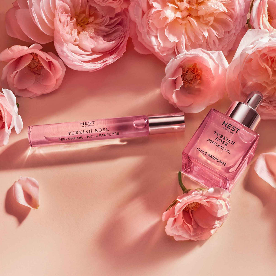 Turkish Rose Perfume Oil 30mL and 6mL by NEST New York with roses