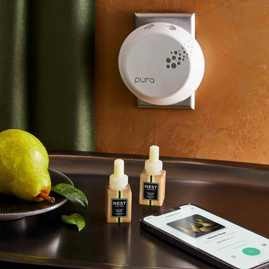 Velvet Pear Refill Duo for Pura Smart Home Fragrance Diffuser by NEST New York, Pura, pear, and phone