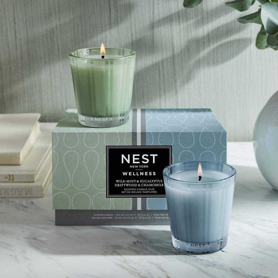 Wellness Petite Candle Duo by NEST New York with books and vase
