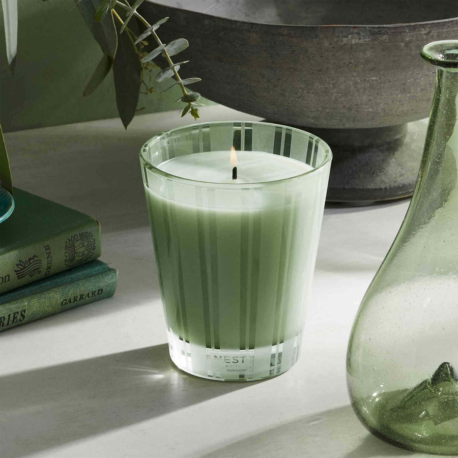 Wild Mint & Eucalyptus Classic Candle by NEST New York with books and vase