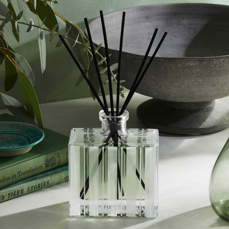 Wild Mint & Eucalyptus Reed Diffuser by NEST New York with bowl and books