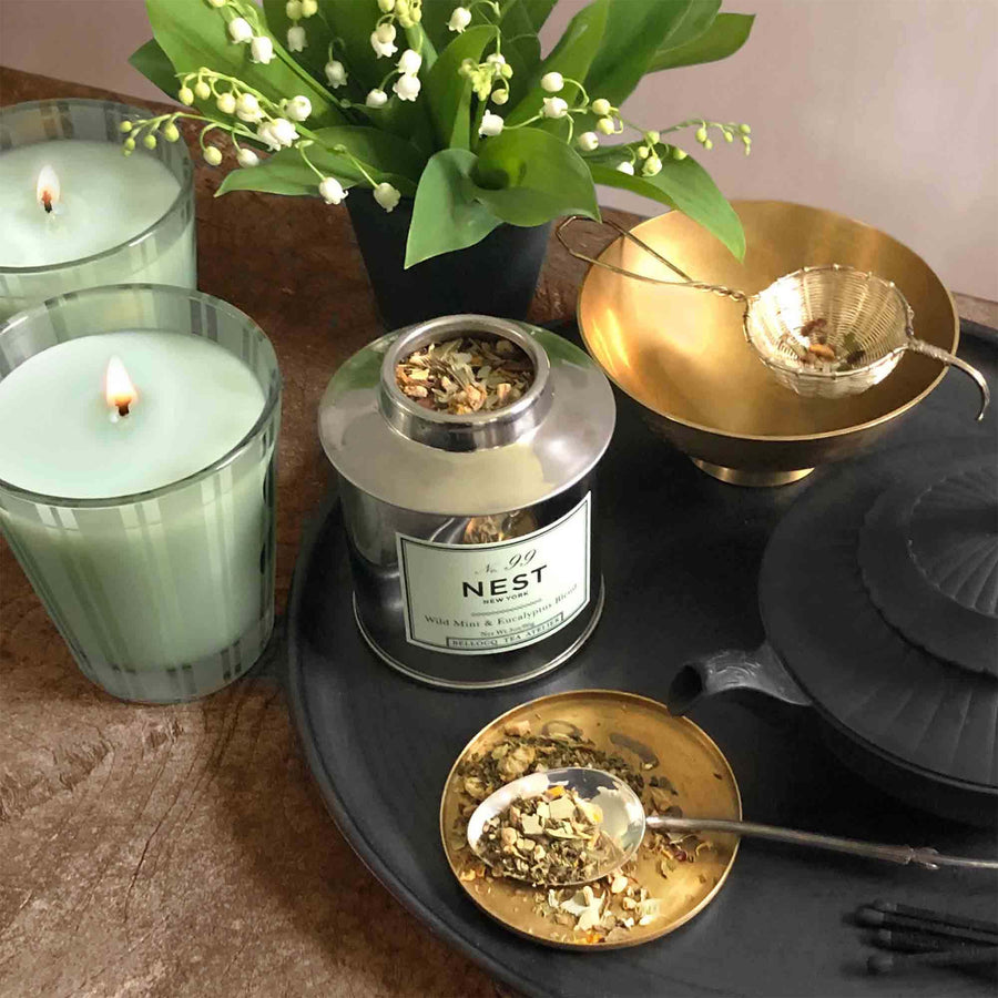 NEST x Bellocq Tea Wild Mint & Eucalyptus candles and tea with flowers